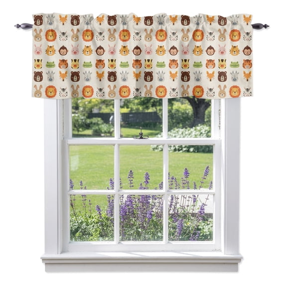 Cartoon Animal Valance Curtains for Windows, Lion Tiger Monkey Zebra Rabbit Linen Light Filtering Rod Pocket Short Valance Curtains for Kitchen Bathroom, 54x18in 1 Panel