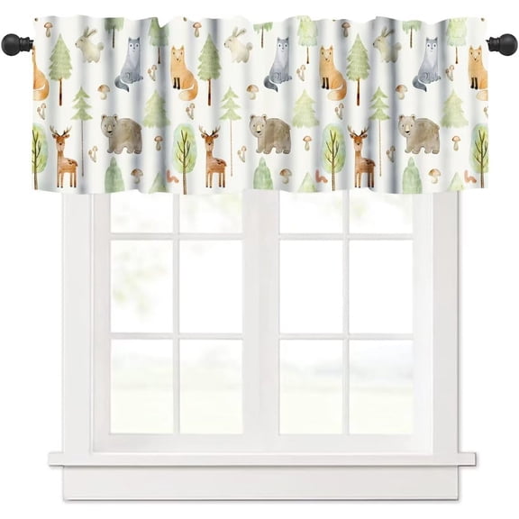 Cartoon Animal Valances Kids Curtains,Cute Forest Bear Fox Printed Rod Pocket Short Window Treatments for Baby Room Boys Girls Bedroom Nursery Bathroom Kitchen,1 Panel,54" x 18"