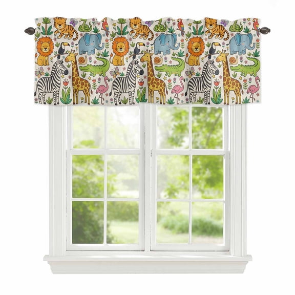 Cartoon Animal Window Valance for Kitchen, Cute Elephant Lion Giraffe Zebra Tiger Crocodile Rod Pocket Short Curtain for Small Windows, Light Filtering Decorative Valance, 60 x 14 Inch, 1 Panel