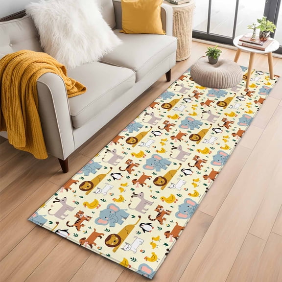Cartoon Animals 2'x6' Runner Rugs for Hallway Kitchen Bedside Non Slip Washable, Cute Dog Tigers Elephants Lions Cat Entryway Rug Runners with Rubber Backing, Long Carpet Runner for Laundry Room