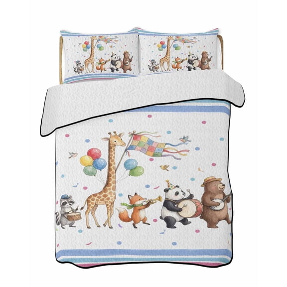 Cartoon Animals 3 Piece Quilt Bedding Set with 2 Pillow Shams, Giraffes Pandas Raccoons Bear Pink Blue Striped Balloon Lightweight Bedspread Coverlet, Soft Breathable All Season Quilt, 68 x 86 Inch
