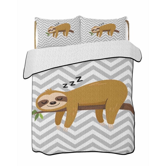 Cartoon Animals 3 Pieces Quilt Set, 1 Quilt with 2 Shams, Brown Sleeping Lazy Sloths Grey Chevron Bedspread Soft Lightweight Bedding Coverlet Comforter Set for All Season 96"x106"