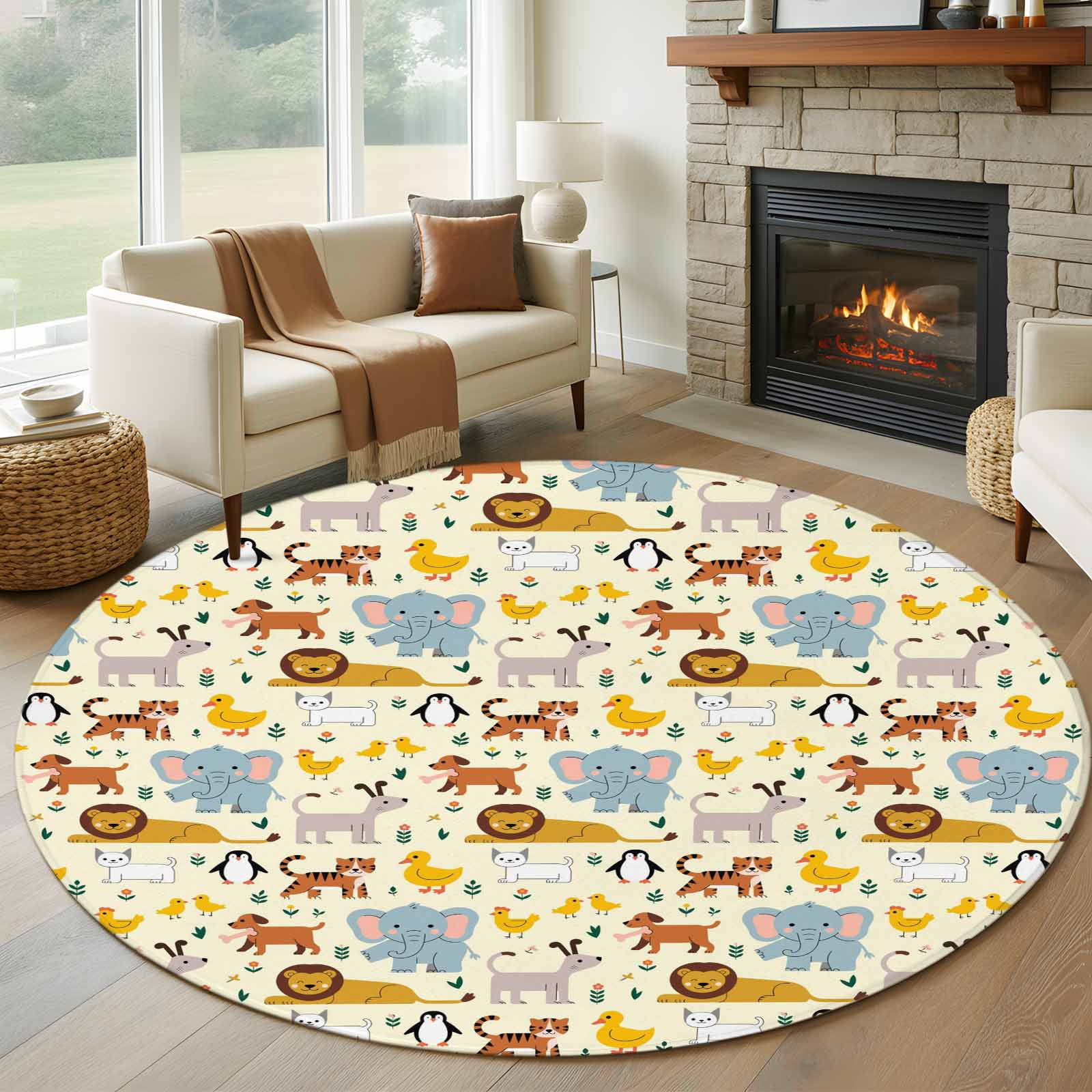Cartoon Animals 6ft Round Rugs, Cute Dog Tigers Elephants Lions Cat ...