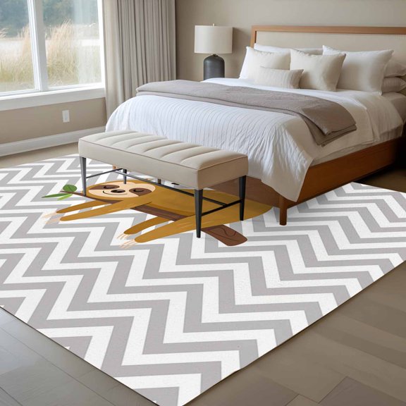 Cartoon Animals 6x9 Rug for Dining Room Table and Chair Setup, Brown Sleeping Lazy Sloths Grey Chevron Low Pile Washable Non Slip Rectangle Area Rug