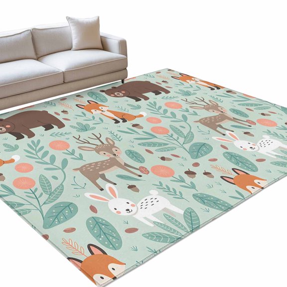 Cartoon Animals 6x9ft Non Slip Area Rug Cute Foxes Rabbits Bears Flower Leaf Washable Soft Area Rugs for Living Room, Indoor Circle Carpet for Bedroom Dining Room Kitchen