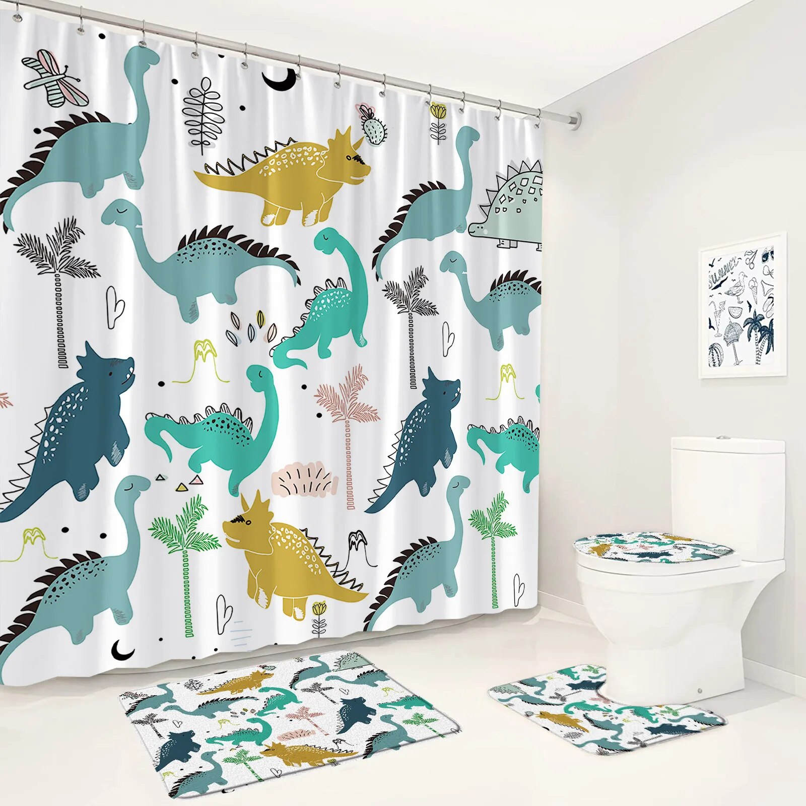 Cartoon Animals Alphabet Kids Shower Curtains Dinosaur Black Cat Baby
