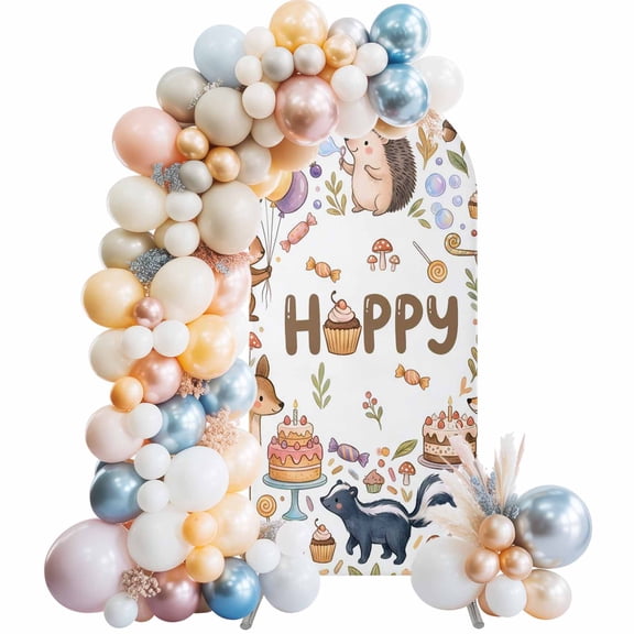 Cartoon Animals Arch Backdrop Cover 4 FT Happy Cakes Deer Squirrels Hedgehogs Forests Candy Stretchy Elastic Arch Stand Covers Spandex Arched Background Birthday Wedding Party Decoration (No Stand)
