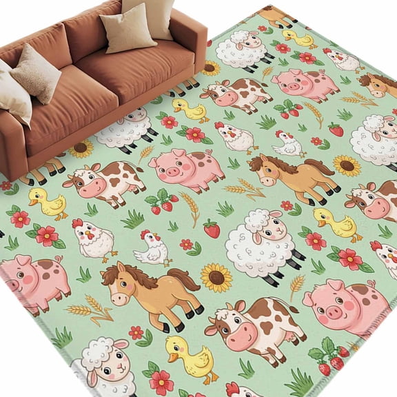 Cartoon Animals Area Rug 5x8 Washable Rug Non Slip Funny Farm Theme Horse Sheep Pig Plants Large Area Rug Soft Stainresistant Indoor Carpet for Living Room Bedroom Home Office Dining Room Nursery
