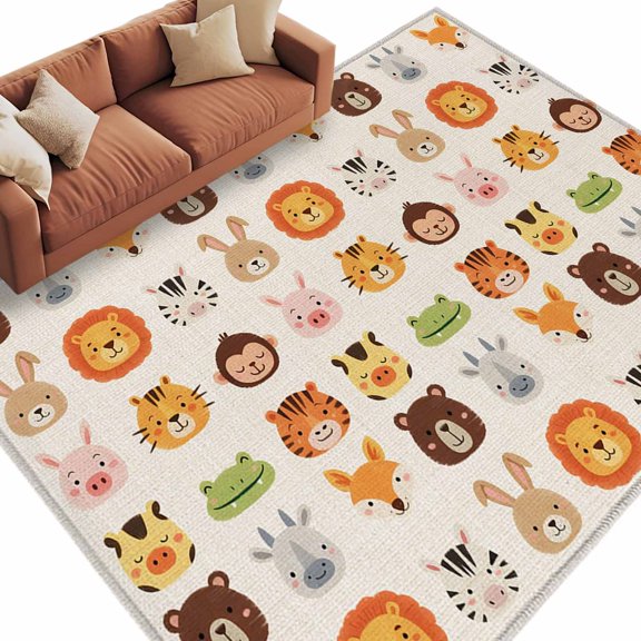 Cartoon Animals Area Rug 5x8 Washable Rug Non Slip Lion Tiger Monkey Rabbit Pig Bear Beige Large Area Rug Soft Stainresistant Indoor Floor Carpet for Living Room Bedroom Office Dining Room Nursery