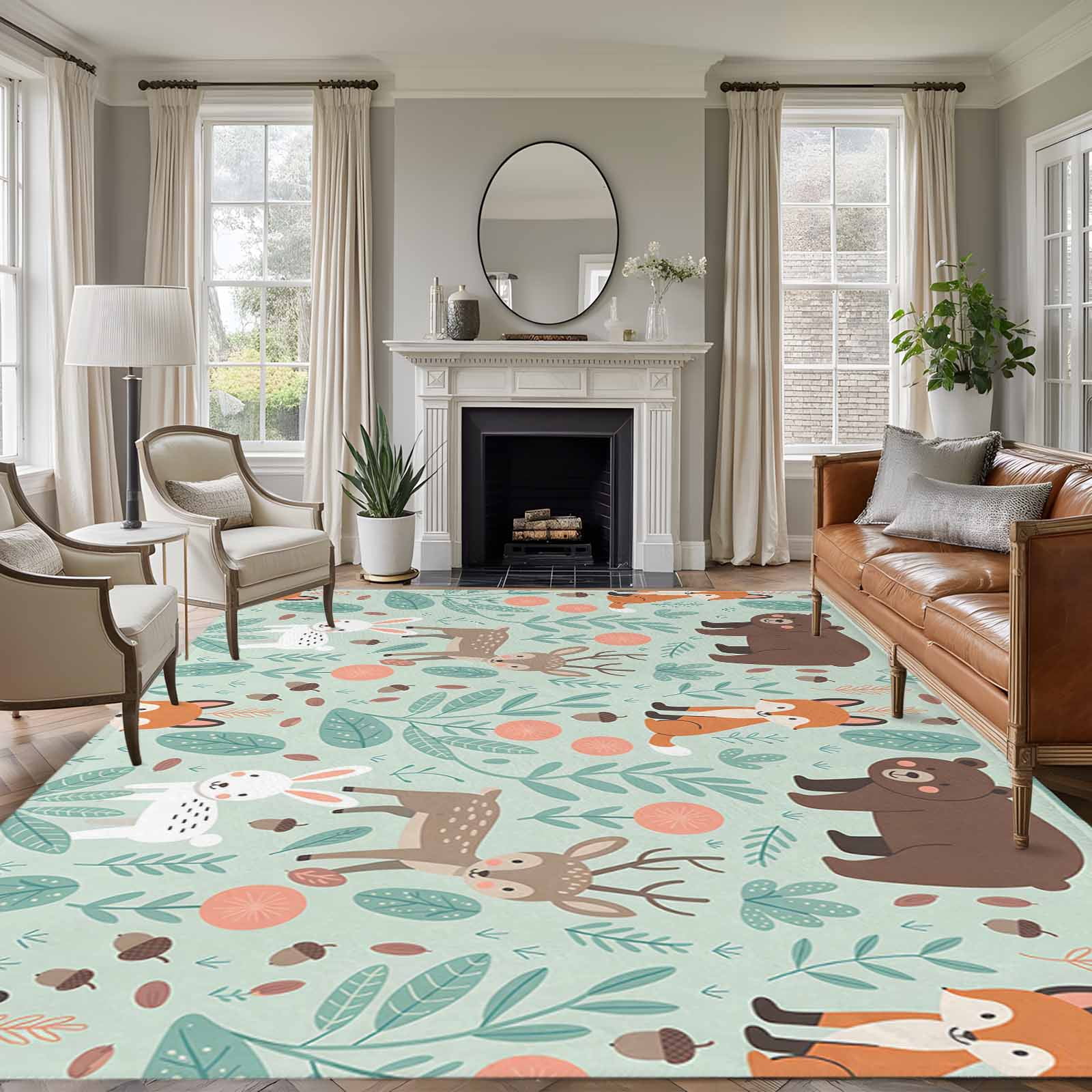 Cartoon Animals Area Rug 6x9 Washable Rug Non Slip Bunny Foxes Elk ...