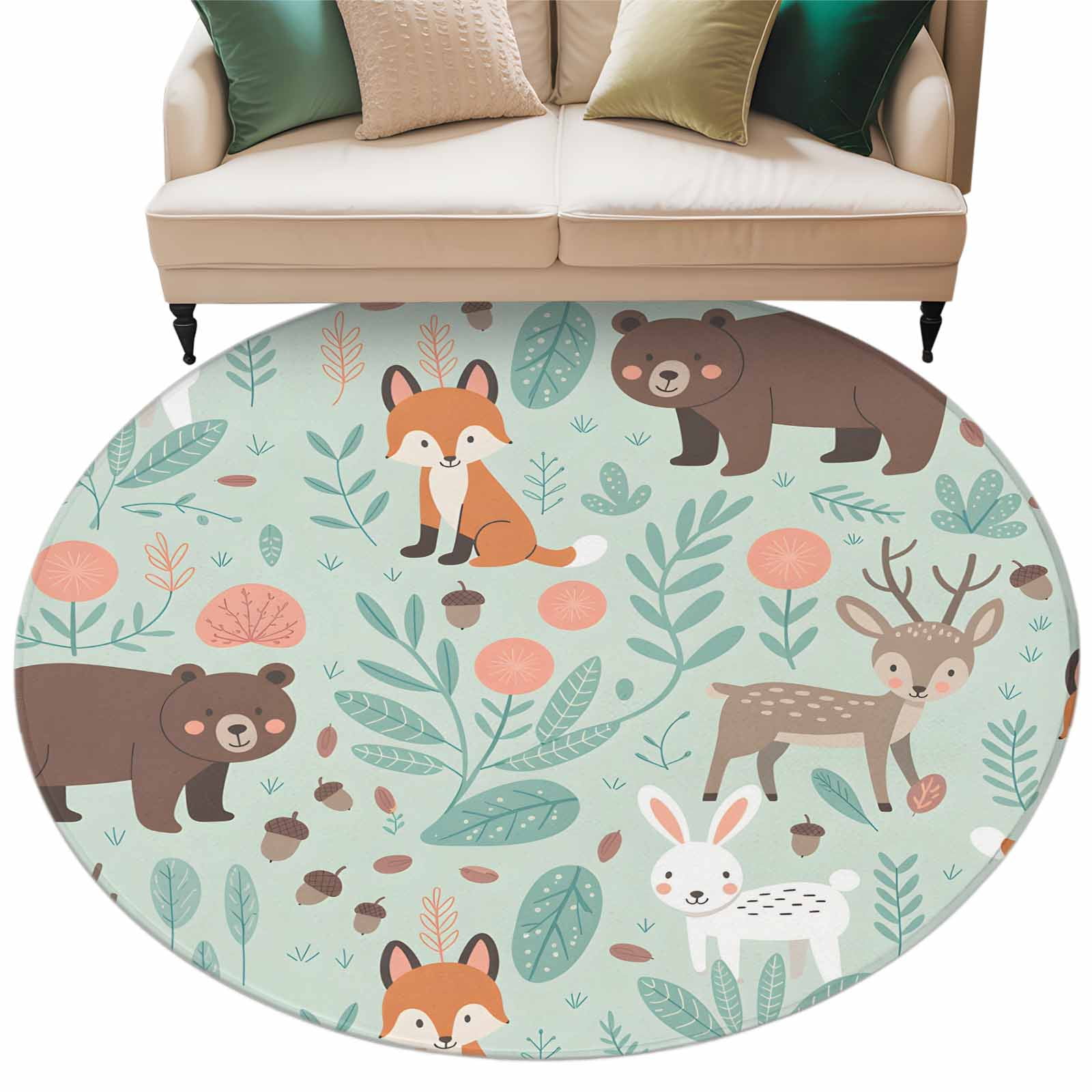 Cartoon Animals Floral Round Rugs & Mats