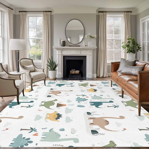 Cartoon Animals Area Rugs 5'x8', Washable Small Throw Rugs for Classroom Bedroom, Funny Dinosaur Tropical Plants Forest Indoor Outdoor Rug Non-Slip Low Pile Carpet Runner Reversible Floor Mats