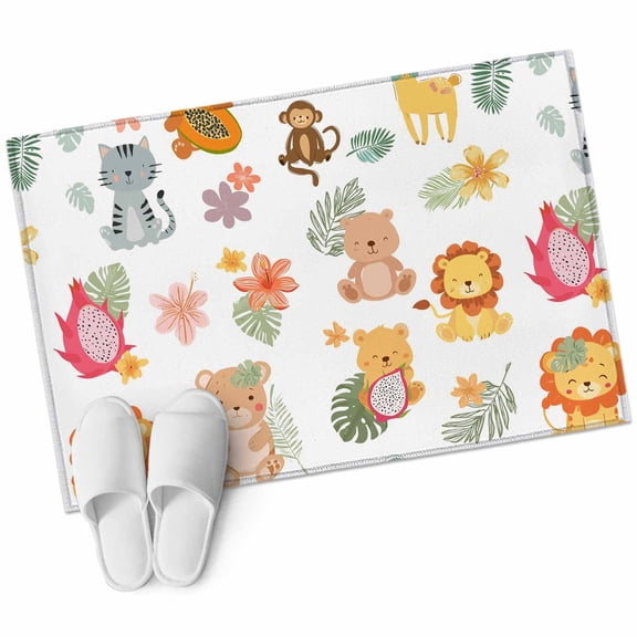 Cartoon Animals Bathroom Rug Washable 2x3 Entryway Rug Non Slip Funny Lions Camels Tropical Monstera Plants Front Door Mat Low Pile Indoor Doormat Throw Floor Carpet for Kitchen Bedroom Entrance