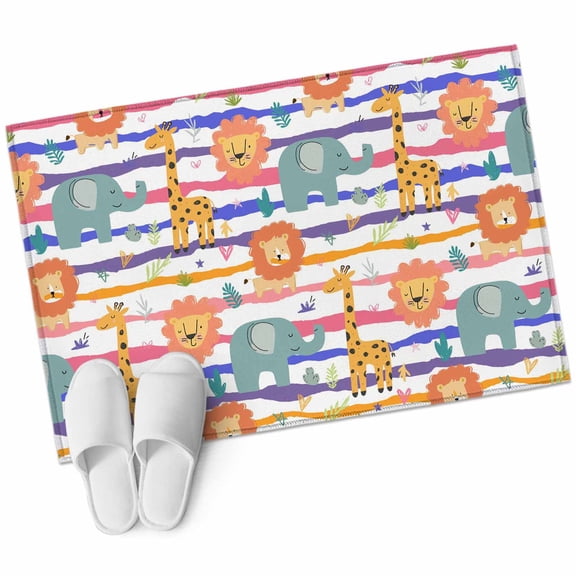 Cartoon Animals Bathroom Rug Washable 2x3 Entryway Rug Non Slip Funny Lions Giraffes Tropical Plants Striped Front Door Mat Low Pile Indoor Doormat Throw Floor Carpet for Kitchen Bedroom Entrance
