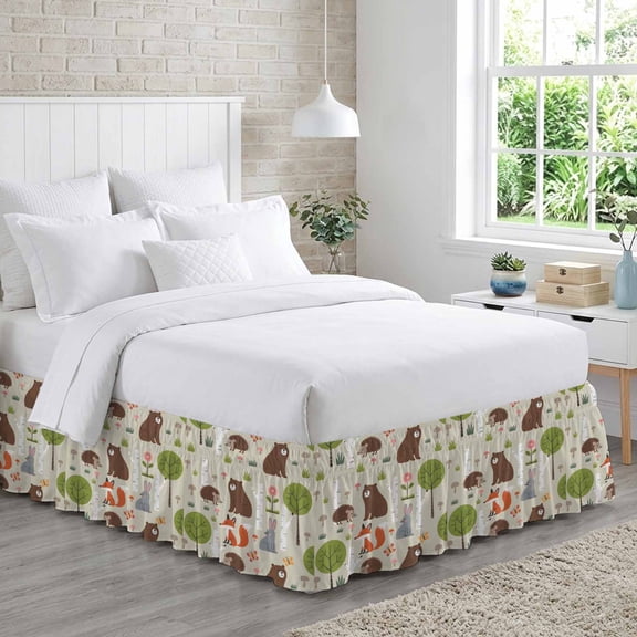 Cartoon Animals Bed Skirt King Size 16 Inch Drop, Cute Cartoon Bear Fox Rabbit Hedgehog Animal Trees Grass Adjustable Elastic Dust Ruffles Bedskirt for King Bed Wrap Around Pleated Mattress Cover