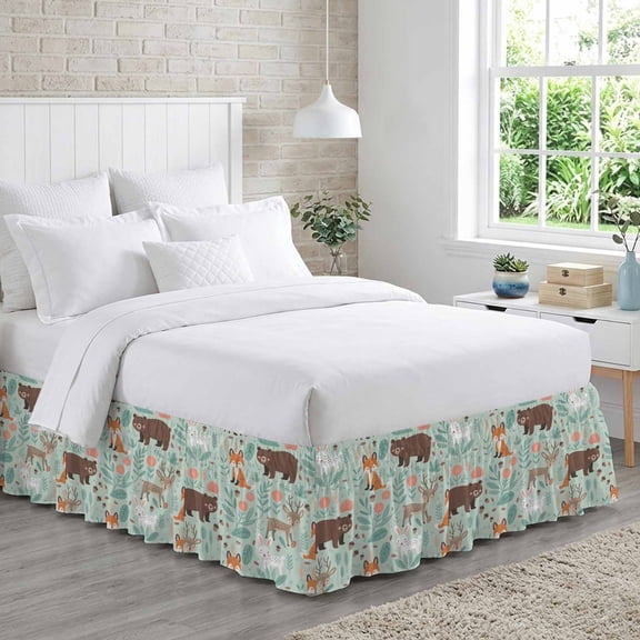 Cartoon Animals Bed Skirt Queen Size 16 Inch Drop, Cute Foxes Rabbits Bears Flower Leaf Adjustable Elastic Dust Ruffles Bedskirt for Queen Bed Wrap Around Pleated Mattress Frame Cover