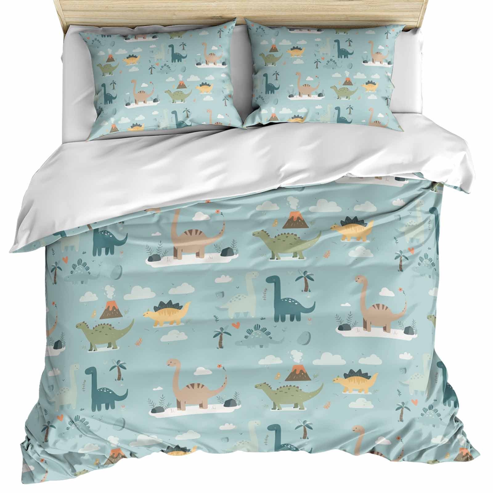 Cartoon Animals Bedding 3 Piece Duvet Cover Set Full Size, Funny Dinosaur Tropical Plants Blue Green Microfiber Comforter Cover with Zipper Closure & Pillowcases, Wrinkle & FadeResistant Quilt Cover
