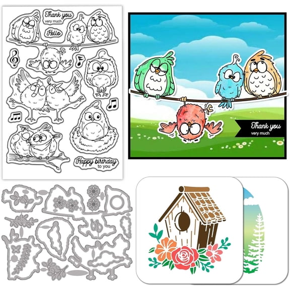 Cartoon Animals Birds Clear Stamps Cutting Dies PET Painting Stencils for Card Making Birdhouse Silicone Stamp Metal Greetings Die Cuts PET Paint