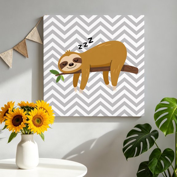 Cartoon Animals Canvas Wall Art, Brown Sleeping Lazy Sloths Grey Chevron Pictures Wall Decor Wooden Framed Artwork Art Prints for Living Room Hallway Bedroom Office 8"x8"
