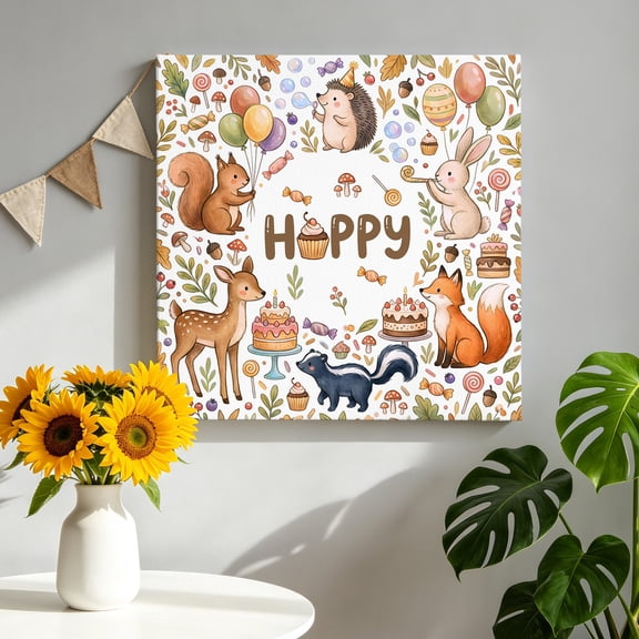 Cartoon Animals Canvas Wall Art, Happy Cakes Deer Squirrels Hedgehogs Forests Candy Pictures Wall Decor Wooden Framed Artwork Art Prints for Living Room Hallway Bedroom Office 8"x8"