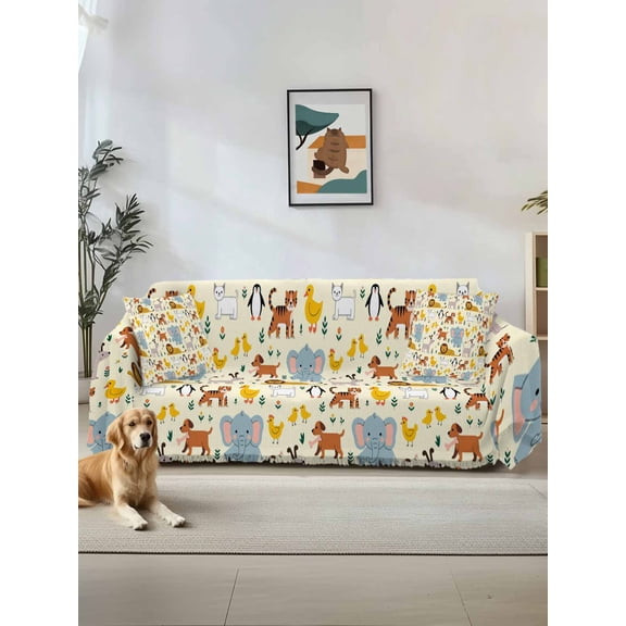 Cartoon Animals Couch Cover for Dogs, Cute Dog Tigers Elephants Lions Cat Washable Sofa Covers Slipcover for Pets Dogs Futon Cover, Couch Recliner Covers, Oversized Chair Slipcover 71"x91"