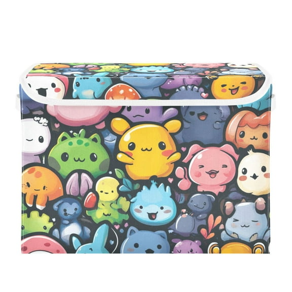 Cartoon Animals Cute Large Storage Bins with Linen Collapsible Lid Storage Box 16.7 x 12.6 x 11.8in