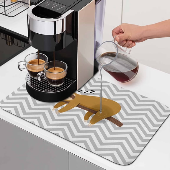 Cartoon Animals Dish Drying Mats for Kitchen Counter, Brown Sleeping Lazy Sloths Grey Chevron Absorbent Coffee Bar Mat with Non-slip Rubber Backed Quick Drying Dish Rack Pad 12"x16"