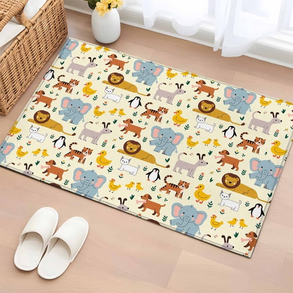 Cartoon Animals Entryway Rug 2'x3' Non Slip Front Door Mats, Cute Dog Tigers Elephants Lions Cat Entrance Rugs Indoor Outdoor Carpet, Washable Floor Mats Small Area Rug for Bedroom Kitchen