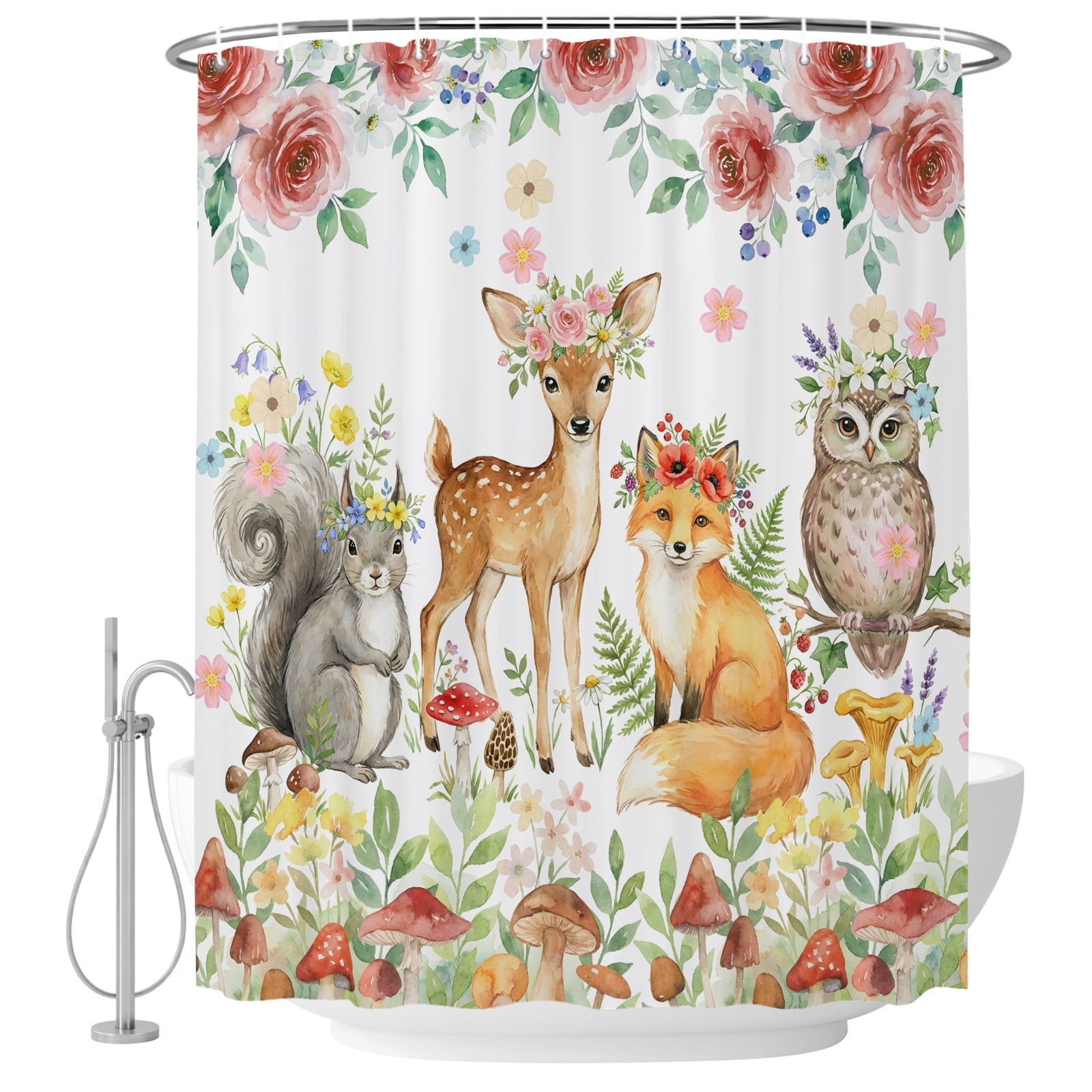 Cartoon Animals Fabric Shower Curtain Cute Fox Deer Flowers White ...