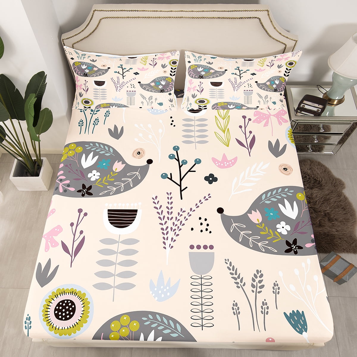 Queen Size Fitted Sheet Set - Fall Plants Autumn Vintage Pattern, 1 Fitted Sheet & 2 Pillowcases, Microfiber