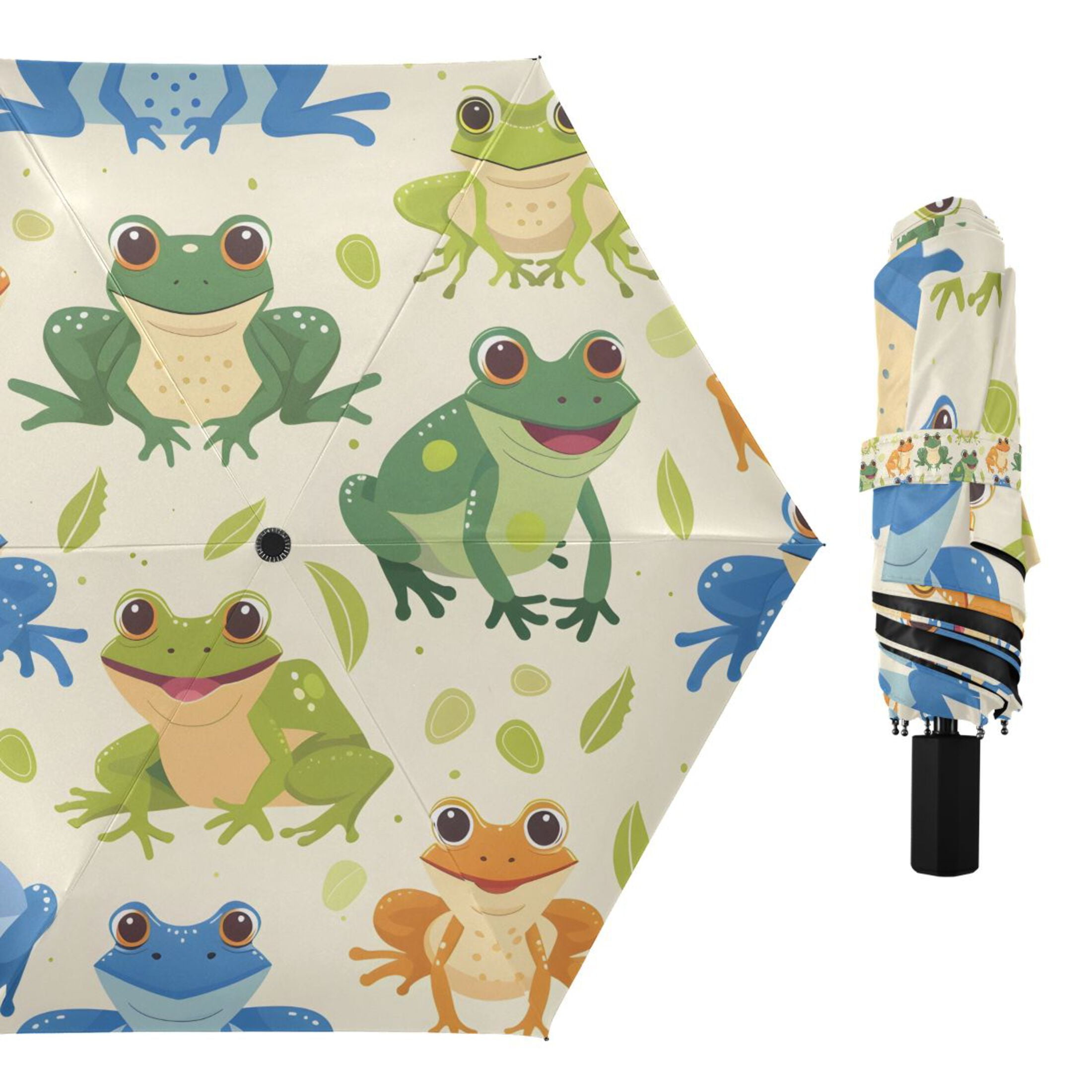 Cartoon Animals Frogs Compact Sun Umbrella Windproof Travel Umbrellas for Rain Strong Portable UV Protection
