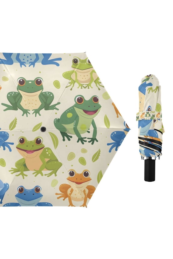Cartoon Animals Frogs Compact Sun Umbrella Windproof Travel Umbrellas for Rain Strong Portable UV Protection