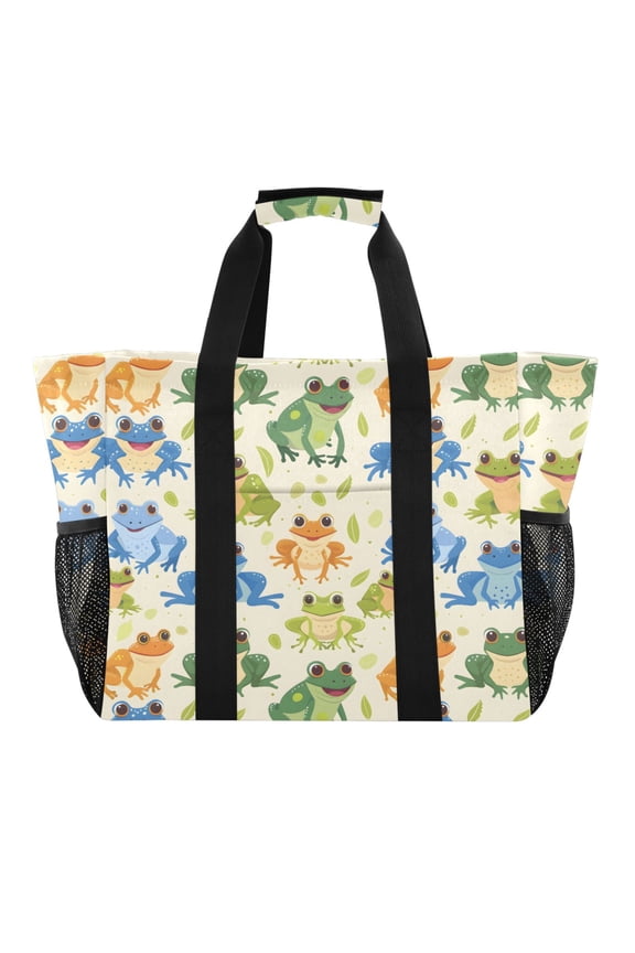 Cartoon Animals Frogs Reusable Grocery Bags with Handle Side Pocket Waterproof Shopping Portable Tote