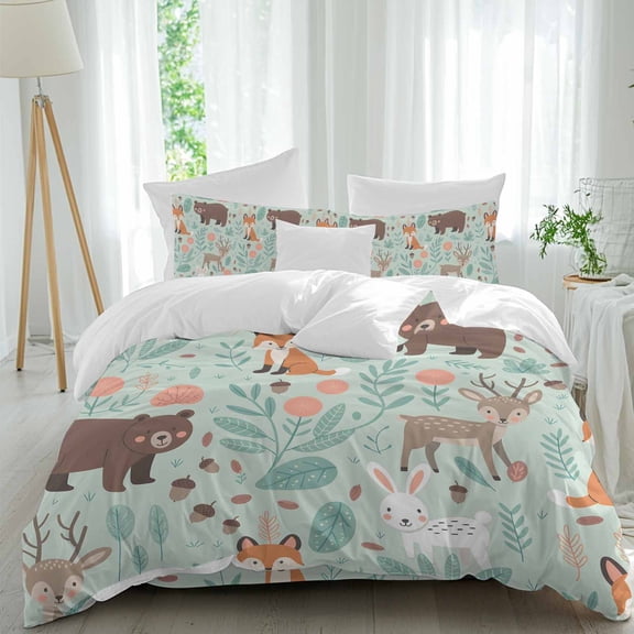 Cartoon Animals Full Size Comforter Set, Cute Foxes Rabbits Bears Flower Leaf Bedding for All Seasons, 4 Pcs Bed Set, 1Quiltcover (86"x86") ,1Sheet(80"x116"), 2Pillowcases (30"x20")