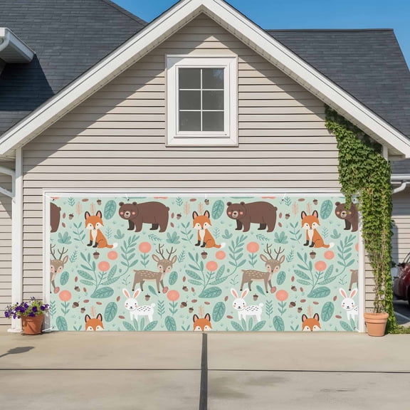 Cartoon Animals Garage Door Banner Covers, Cute Foxes Rabbits Bears Flower Leaf Large Hanging Indoor/Outdoor Backdrop Background for Christmas Winter Party Decor, 6.9x16ft