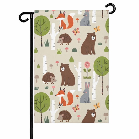 Cartoon Animals Garden Flag 12x18 Inch Cute Cartoon Bear Fox Rabbit Hedgehog Animal Trees Grass Double Sided Small Decorative Garden Flags for Outside, Outdoor Yard Porch Lawn Decoration