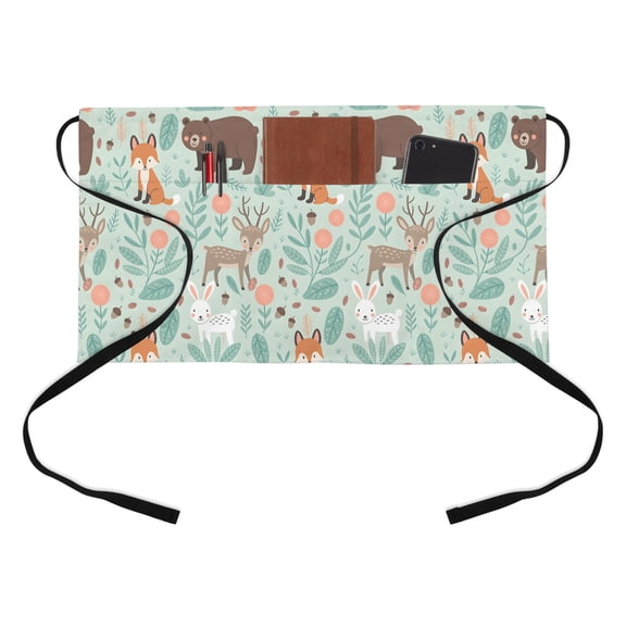 Cartoon Animals Half Waist Apron Cute Foxes Rabbits Bears Flower Leaf Short Waiter Aprons with 3 Pockets for Women Men Kitchen Restaurant Cooking