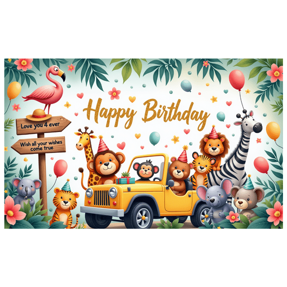Cartoon Animals Happy Birthday Banner Decorative Balloons Jungle Theme Party Decoration for Kids Celebration Outdoor Event Photography