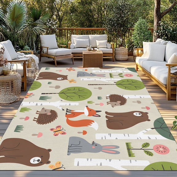 Cartoon Animals Indoor Outdoor Rugs 4x6 Ft, Cute Cartoon Bear Fox Rabbit Hedgehog Animal Trees Grass Outdoor Patio Rugs Mat Washable Outside Area Rugs Carpet for Porch Deck RV Camping Pool Balcony