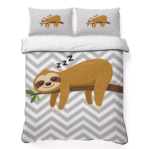 Cartoon Animals King Quilt Bedding Set, Brown Sleeping Lazy Sloths Grey Chevron Lightweight Comforter with 2 Pillow Shams Bedroom Bedspread Set Home Decor for All Seasons