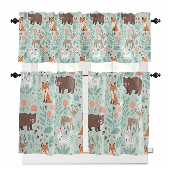Cartoon Animals Kitchen Curtains Valances and Tiers Cute Foxes Rabbits Bears Flower Leaf Tier Curtains and Valance Rod Pocket Valance Curtains Set 27.5"W x 24"L, 3pcs