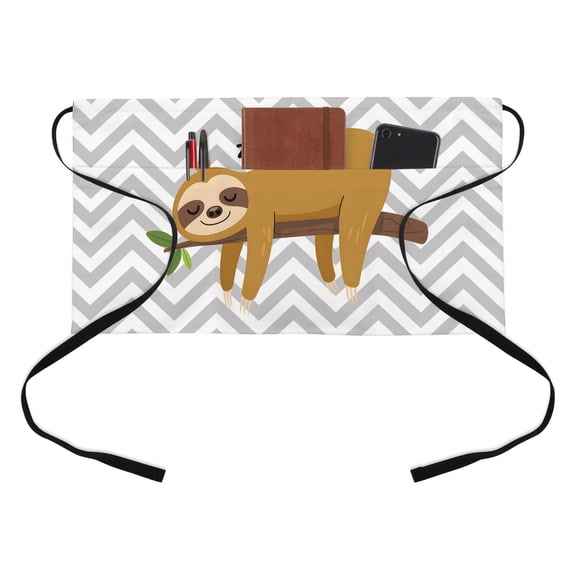 Cartoon Animals Kitchen Restaurant Half Waist Apron, Brown Sleeping Lazy Sloths Grey Chevron Server Short Apron with 3 Pockets Waterproof Oil Waist Aprons for Women Waitress Waiter