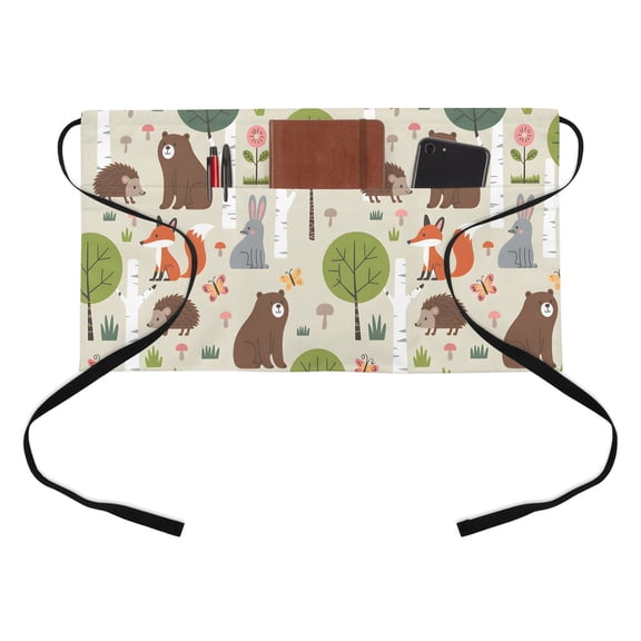 Cartoon Animals Kitchen Restaurant Half Waist Apron, Cute Cartoon Bear Fox Rabbit Hedgehog Animal Trees Grass Server Short Apron with 3 Pockets Waterproof Oil Waist Aprons for Women Waitress Waiter