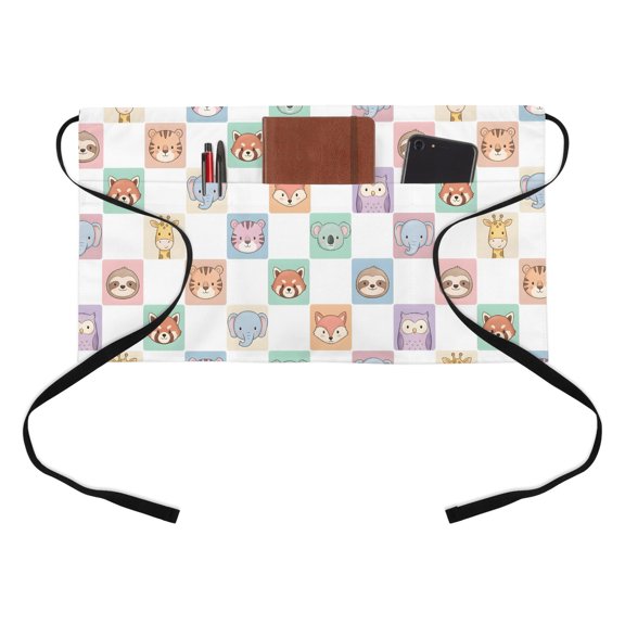 Cartoon Animals Kitchen Restaurant Half Waist Apron, Elephants Foxes Tiger Giraffe Owl Plaid Server Short Apron with 3 Pockets Waterproof Oil Waist Aprons for Women Waitress Waiter