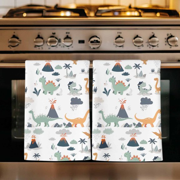 Cartoon Animals Kitchen Towels Set of 1, Funny Dinosaur Tropical Plants Green Gray Absorbent Dish Towels for Kitchen, Microfiber Hand Towel, Quick Drying Tea Towel for Cleaning Decorative Dishcloths