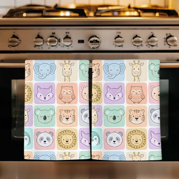 Cartoon Animals Kitchen Towels Set of 1, Modern Cute Elephant Lion Koala Fox Absorbent Dish Towels for Kitchen, Microfiber Hand Towel, Quick Drying Tea Towel for Cleaning Decorative Dishcloths