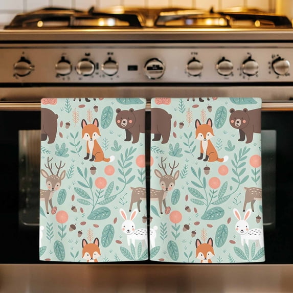 Cartoon Animals Kitchen Towels Set of 3, Bunny Foxes Elk Abstract Art Absorbent Dish Towels for Kitchen, Microfiber Hand Towel, Quick Drying Tea Towel for Cleaning Decorative Dishcloths