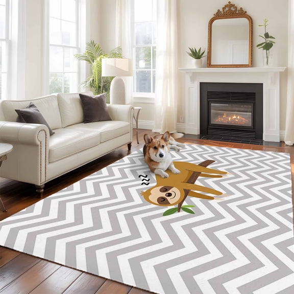 Cartoon Animals Large Area Rugs 5x8 ft Brown Sleeping Lazy Sloths Grey Chevron Washable Rug Non Slip Indoor Carpet Absorbent Floor Mat for Living Room Bedroom Dining Room