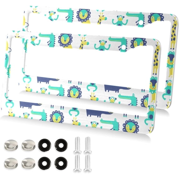 Cartoon Animals License Plate Frame - 2 Pack Universal Stainless Steel License Plate Holder with Screws & Chrome Caps, 2 Holes Car License Plate Cover for US Vehicles Home Decor