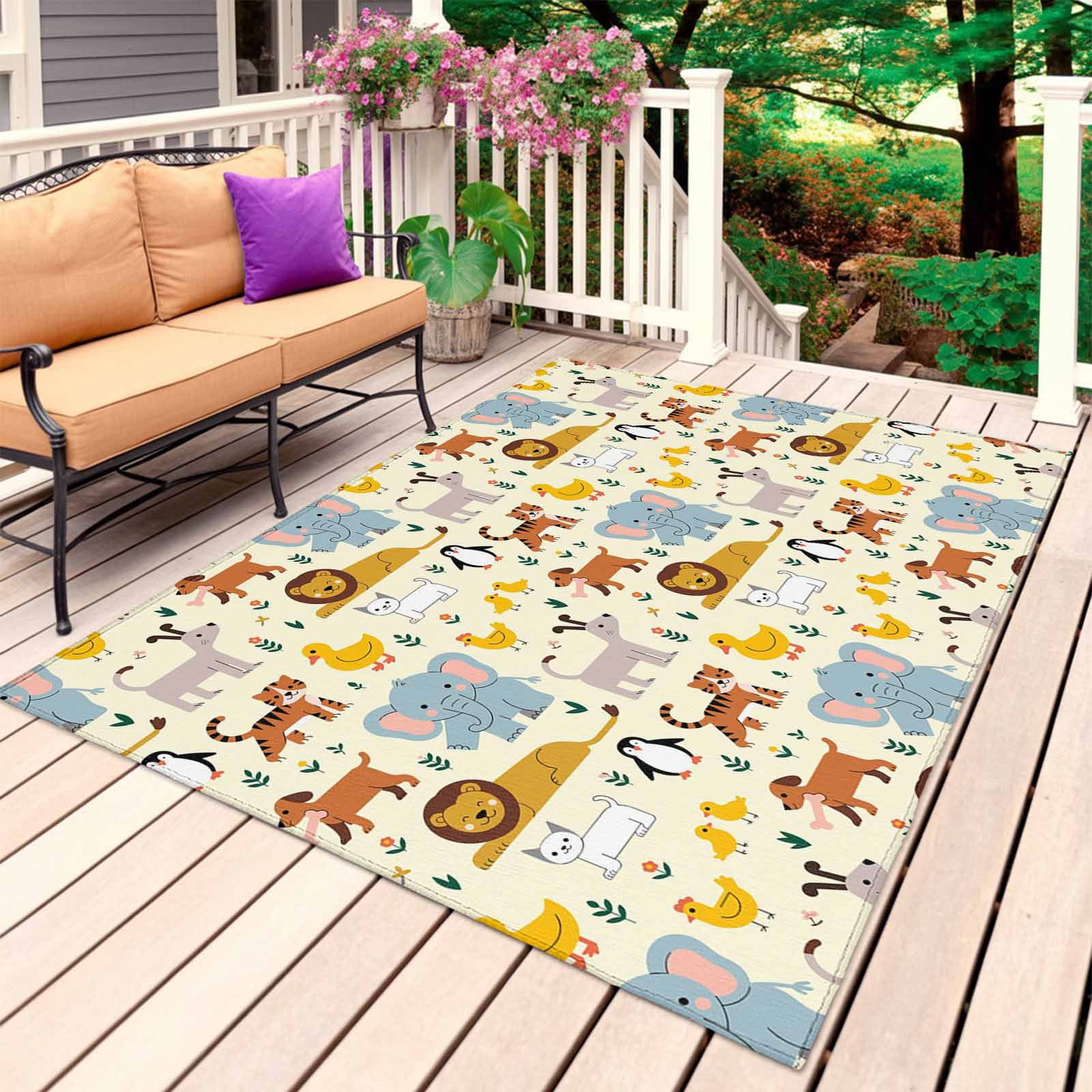 Cartoon Animals Outdoor Rug 5x7 Ft, Non Slip Washable Area Rug, Cute ...